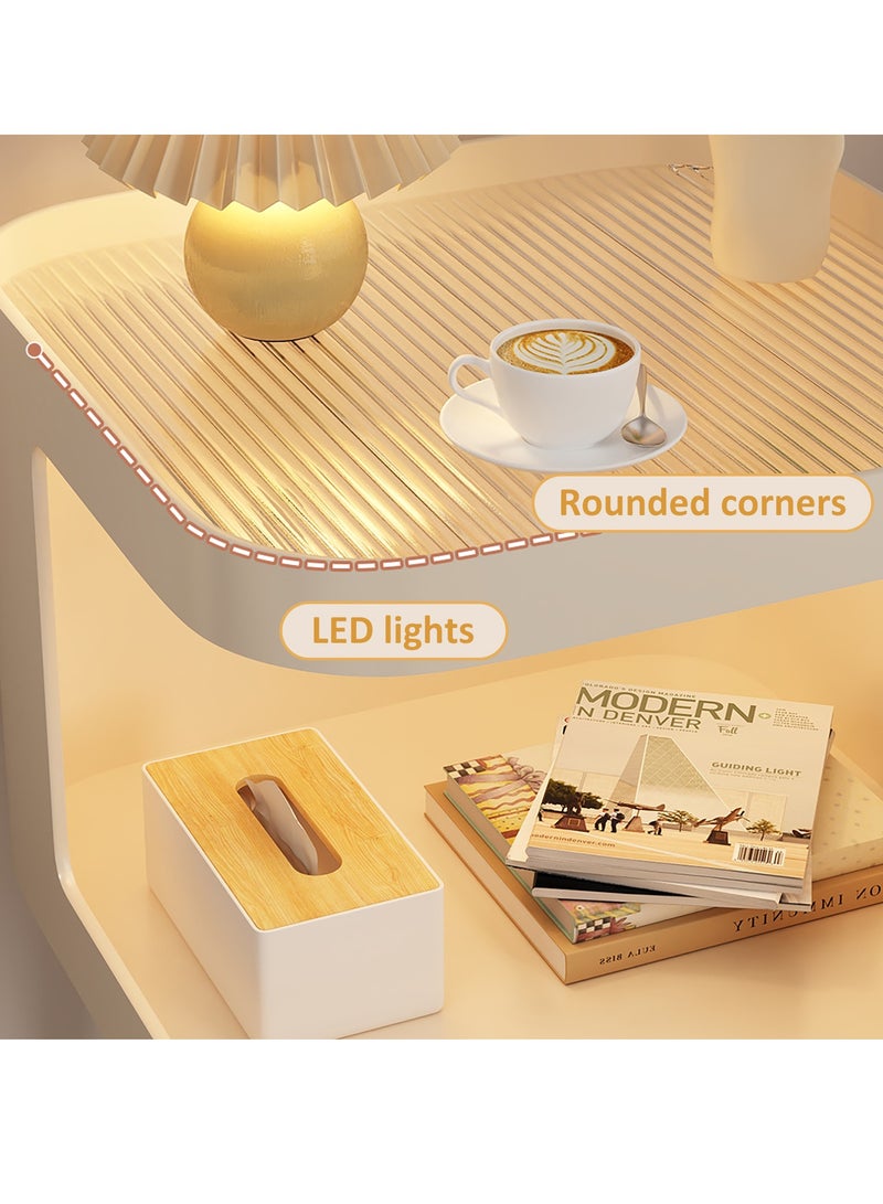 YY-Recheer Bedside Table with LED Night, Modern Storage Side Table Nightstand with Glass Countertop for Sofa, Bed - Image 4