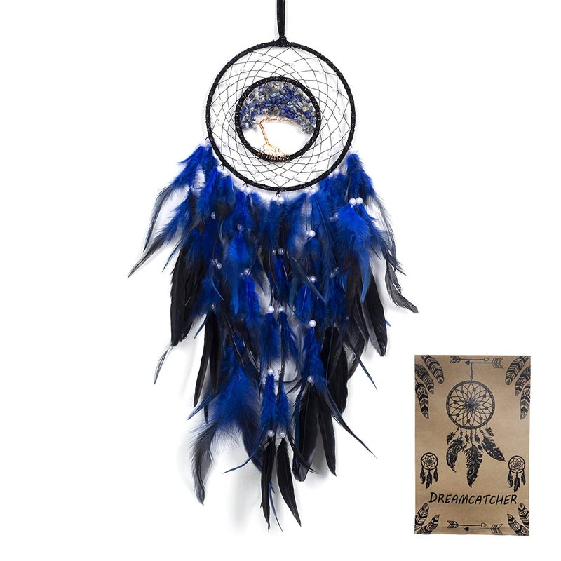 Dream Catcher Handmade Dreamcatcher with Healing Crystal Stone Tree of Life Dream Catchers Hanging Ornament for Home Bedroom Birthday Party Perfect Craft Gift for Kids Blue