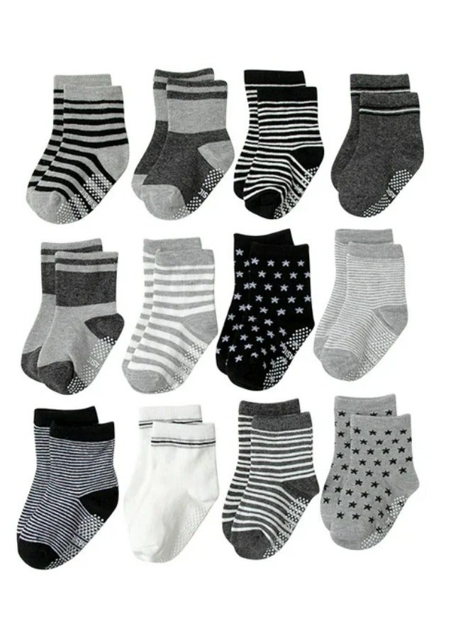 HXDream 12 Pairs Of Cotton Non-Slip Striped Baby Socks for Kids Boys' Socks Girls' Socks Multicolor - Image 1