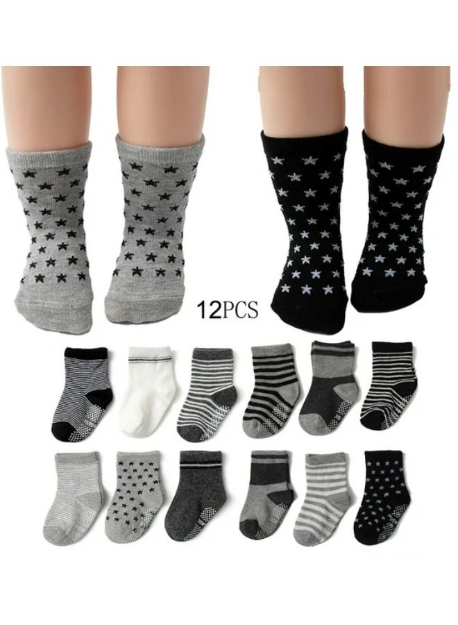 HXDream 12 Pairs Of Cotton Non-Slip Striped Baby Socks for Kids Boys' Socks Girls' Socks Multicolor - Image 4