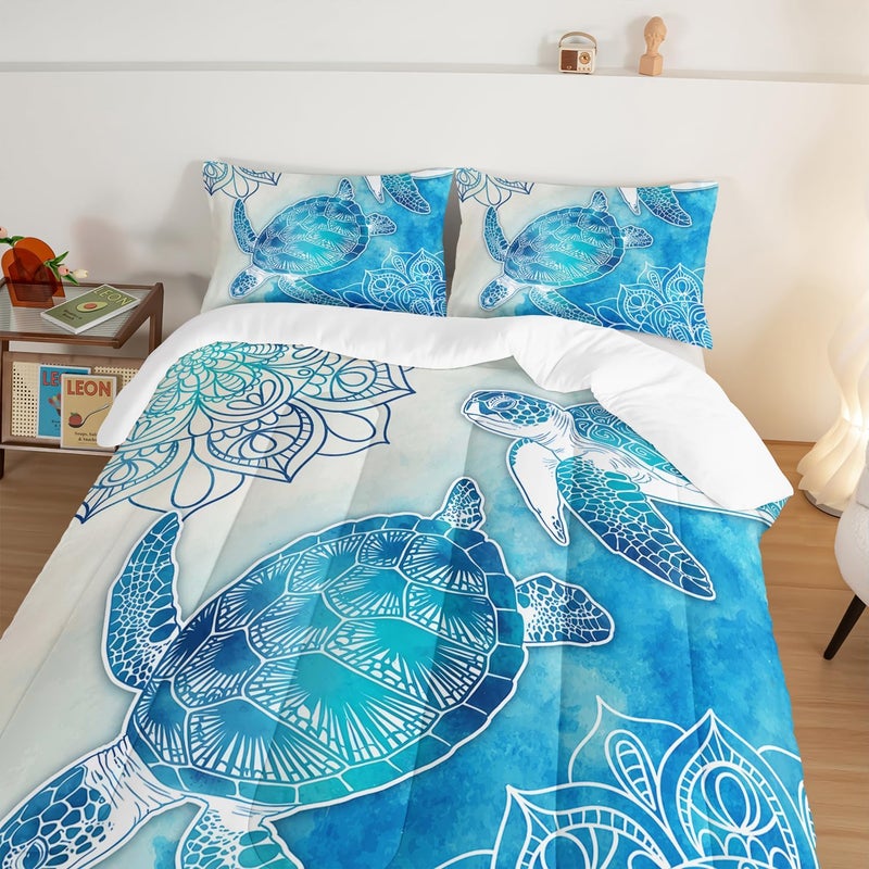 HOSIMA Sea Turtle Comforter Set,Coastal Beach Themed Bedroom Comforter Set Queen Size for Kids Teen Girls Boys Room Decor,Turtle Twin Bed in a Bag for Girls with 2 Pillowcases. - Image 4