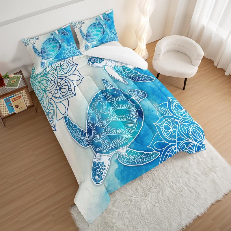 HOSIMA Sea Turtle Comforter Set,Coastal Beach Themed Bedroom Comforter Set Queen Size for Kids Teen Girls Boys Room Decor,Turtle Twin Bed in a Bag for Girls with 2 Pillowcases. - Image 3