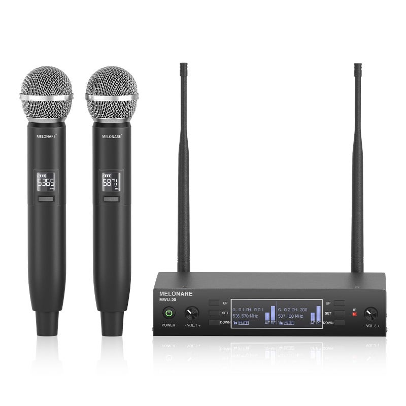 MELONARE Dual Channel Wireless Microphone System, MELONARE Auto-Scan Professional Cordless Dynamic Mic Set, 260ft Range, 2x100 UHF Metal Wireless Mic for Singing, Karaoke, Church, Wedding, DJ (MWU-20-2H) - Image 1