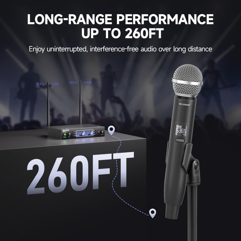 MELONARE Dual Channel Wireless Microphone System, MELONARE Auto-Scan Professional Cordless Dynamic Mic Set, 260ft Range, 2x100 UHF Metal Wireless Mic for Singing, Karaoke, Church, Wedding, DJ (MWU-20-2H) - Image 3