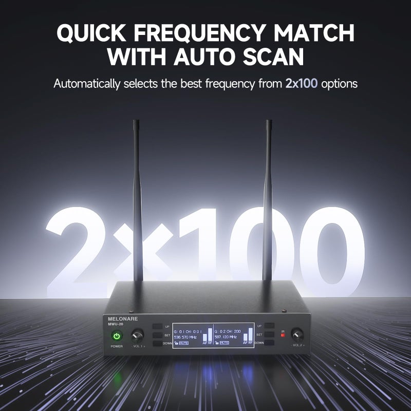 MELONARE Dual Channel Wireless Microphone System, MELONARE Auto-Scan Professional Cordless Dynamic Mic Set, 260ft Range, 2x100 UHF Metal Wireless Mic for Singing, Karaoke, Church, Wedding, DJ (MWU-20-2H) - Image 2