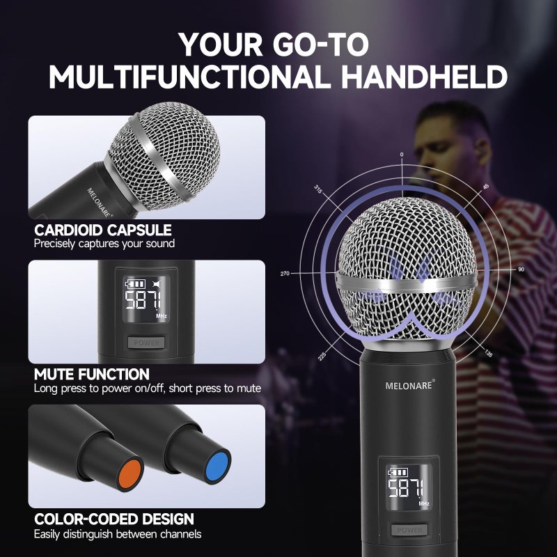 MELONARE Dual Channel Wireless Microphone System, MELONARE Auto-Scan Professional Cordless Dynamic Mic Set, 260ft Range, 2x100 UHF Metal Wireless Mic for Singing, Karaoke, Church, Wedding, DJ (MWU-20-2H) - Image 4