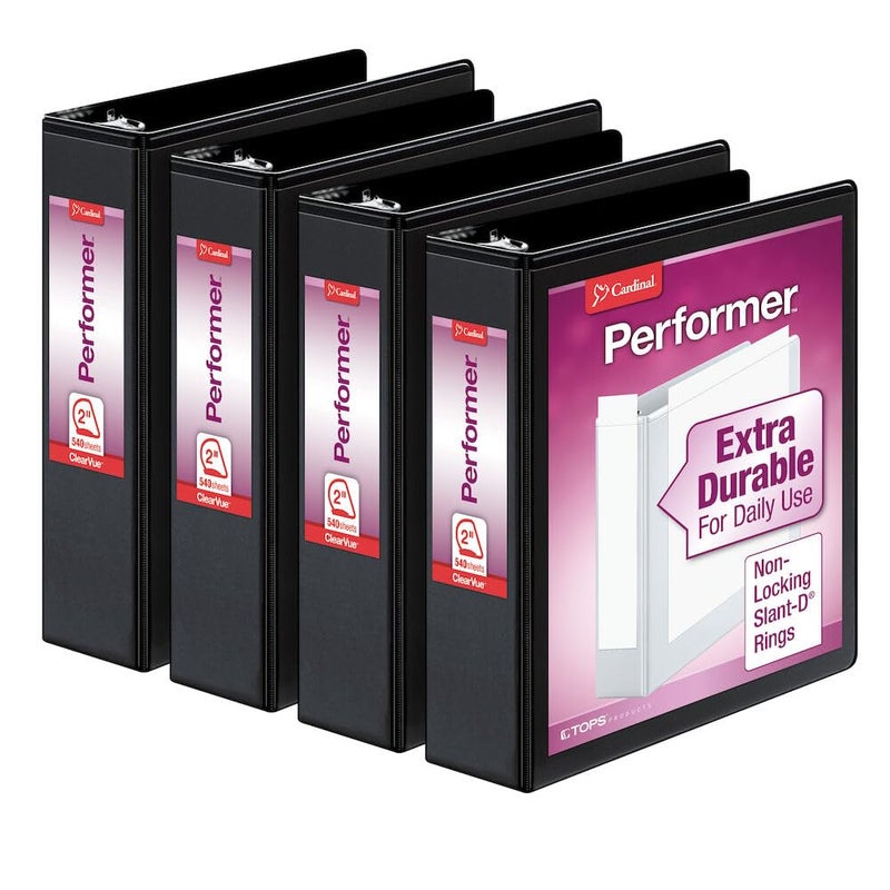 Cardinal Performer 3-Ring Binders, 2", Non-Locking Slant-D Rings, 540-Sheet Capacity, ClearVue Presentation, Non-stick, PVC-Free, Black, 4-Pack (27501) - Image 1