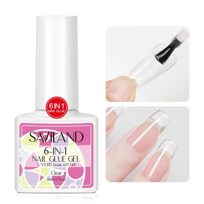 SAVILAND Gel Nail Glue: 6 in 1 Nail Glue for Press on Nails Acrylic Nails Long Lasting Curing Light Needed U V LED Hard Gel Extension for False Nail Tips Manicure Home Women Set - Image 1