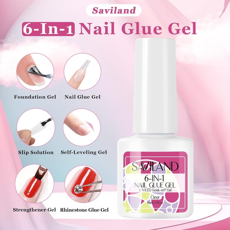 SAVILAND Gel Nail Glue: 6 in 1 Nail Glue for Press on Nails Acrylic Nails Long Lasting Curing Light Needed U V LED Hard Gel Extension for False Nail Tips Manicure Home Women Set - Image 5