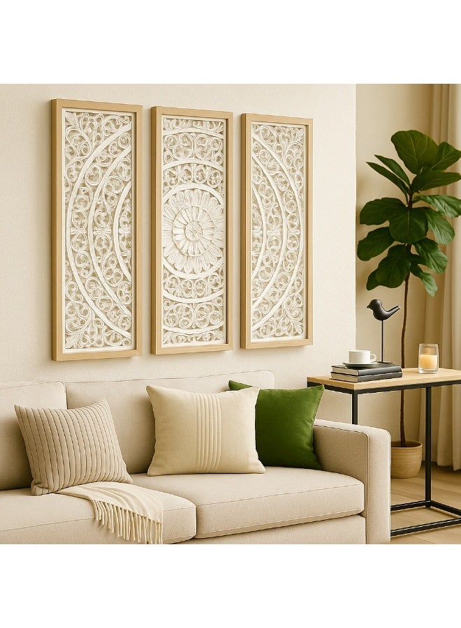 لوحة جدارية ثلاثية بتصميم زخرفي ناعم وإطار خشبي أنيق تضيف لمسة فنية فاخرة للمكان. - Image 1