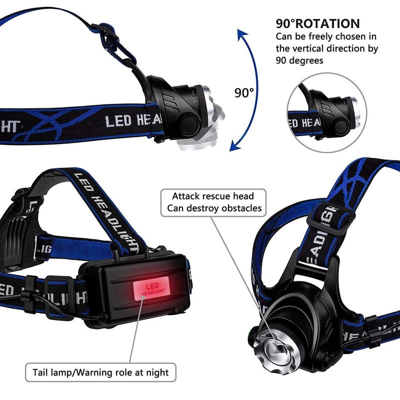 FEBLICH LED Headlamp Rechargeable Flashlight, USB Rechargeable Head Torch Headlight with Battery for Outdoor Camping Running Hiking Fishing Cycling Repairing (1 LED Headlamp + Keychain Light) - Image 3