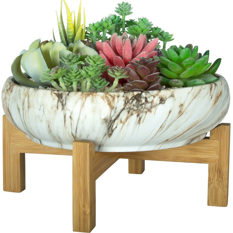 ARTKETTY Succulent Pots Large Succulent Planter with Stand 10 Inch Ceramic Bonsai Planters with Drainage Round Marble Cactus Flower Plant Bowl for IndoorOutdoor