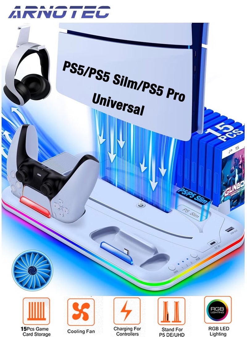 ARNOTEC PS5 Slim Stand and Turbo Cooling Station with Controller Charging Station for Playsation 5, PS5 Accessories Incl. 3 Levels Cooling Fan, RGB Light, 15 Game Storage, Headset Holder for PS5 Digital/Disc  - Image 1