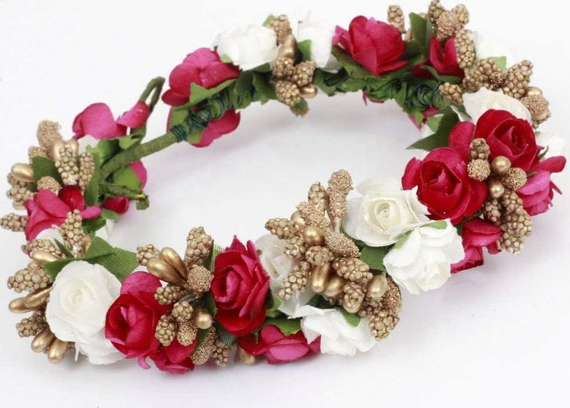 Dibha Artificial Fabric Flower Gajra Hair Accessory for Women's 1 piece Color Pink, White and Golden Length 22cm - Image 1