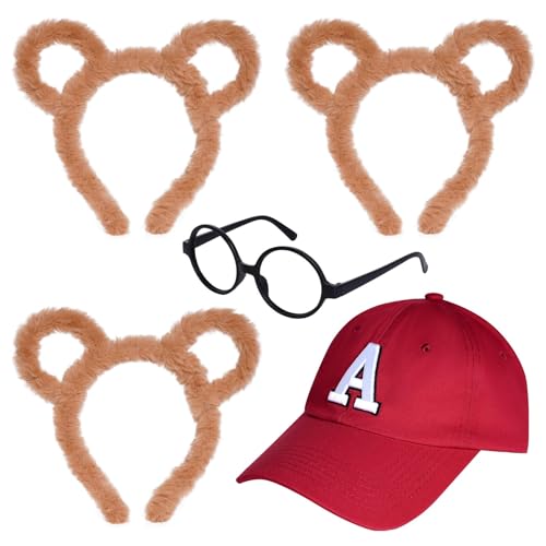 Yolyoo طقم أزياء يولييو المكون من 5 قطع لشخصيات السنجاب يشمل 1 قبعة حمراء، 3 أذان سنجاب على شكل طاقية و1 إطار نظارات دائري أسود لحفلة الهالوين، ملحقات أزياء حيوانات - Image 1