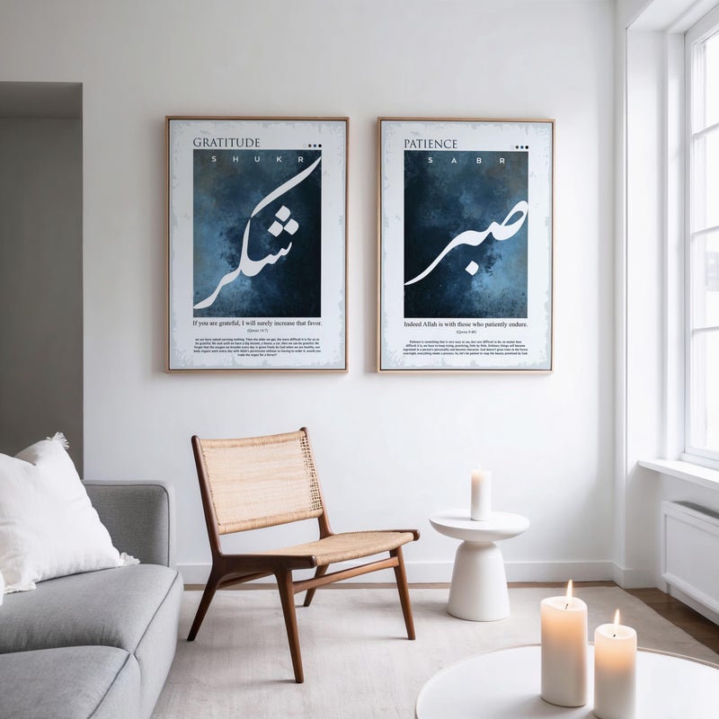 TNESSENTIAL Sabr & Shukr Islamic Art Print Set – Blue Abstract Arabic Calligraphy - Image 1