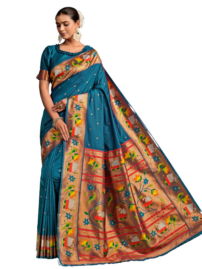 EthnicJunction Women's Pure Silk Paithani Woven Saree With Blouse Piece,rama - Image 1