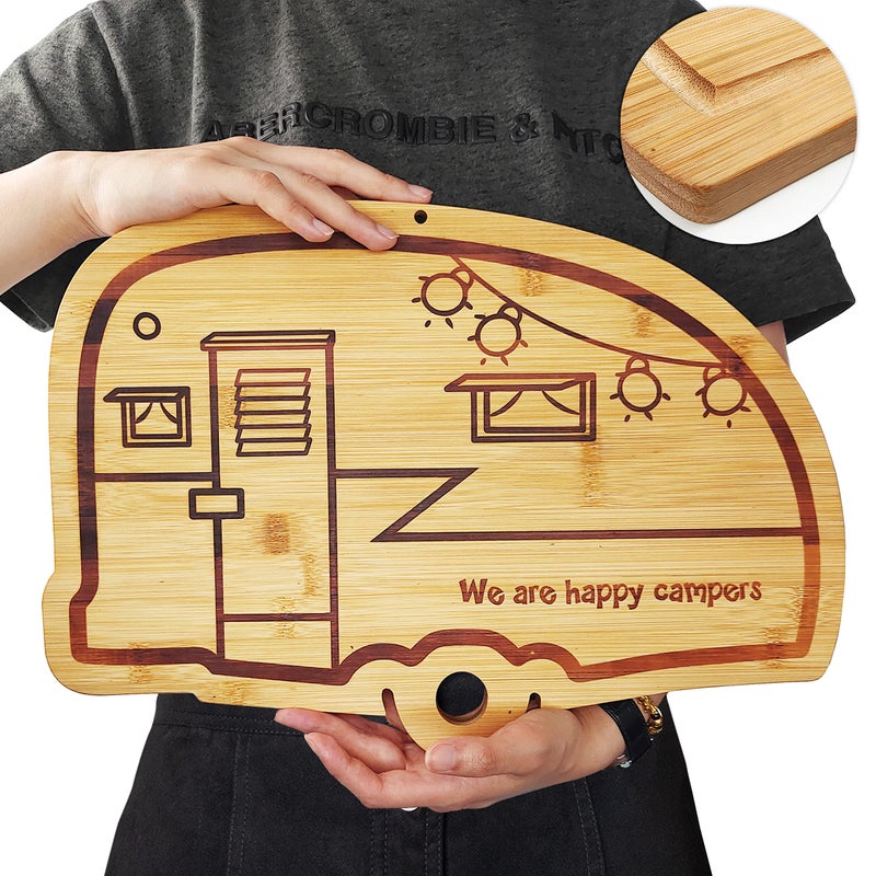 Happy Camper Bamboo Large Cutting Board Rv Wooden Stove Top Cover Noodle BoardMeat Cutting Board for BBQ Carving Board for TurkeyLarge Charcuterie BoardRV Kitchen Decoration