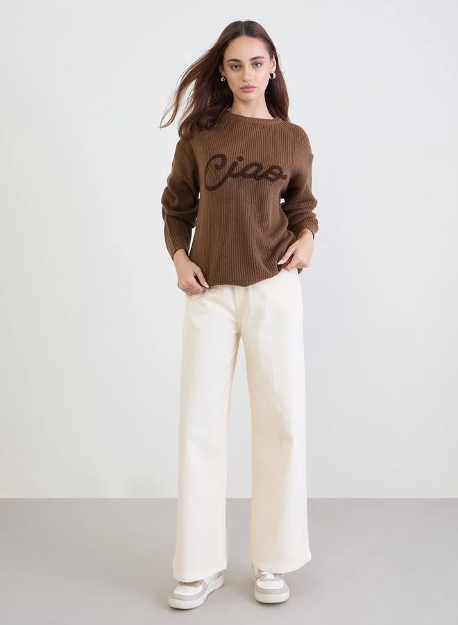 Styli Coffee Brown Regular Fit Embroidered Sweater
