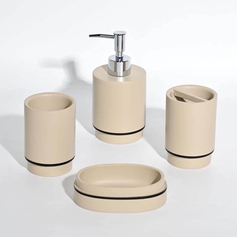 PLIO Bathroom Accessories Set of 4 Modern Bath Set with Liquid handwash Soap Dispenser and Toothbrush Holder Luxury Gift Accessory for Home Dark Beige