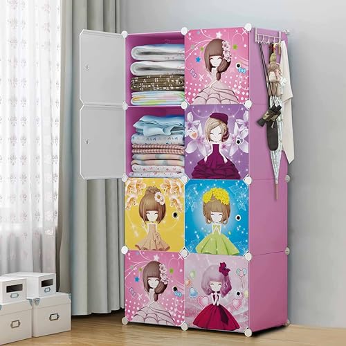 AYSIS Almirah for Clothes, Plastic Soft Sheet Collapsible Wardrobe for Kids Toys/Books, Baby Cupboard Storage in Bedroom Nursery, Cartoon (Pink, 8-Shelf-8-Door) - Image 1