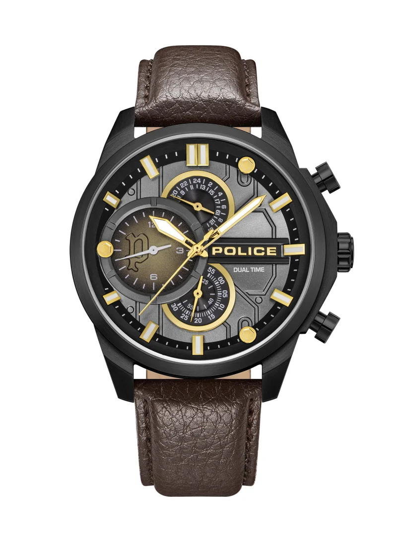 بوليس Reactor Cool Grey Dial Leather Strap Chronograph Watch for Men, 44mm