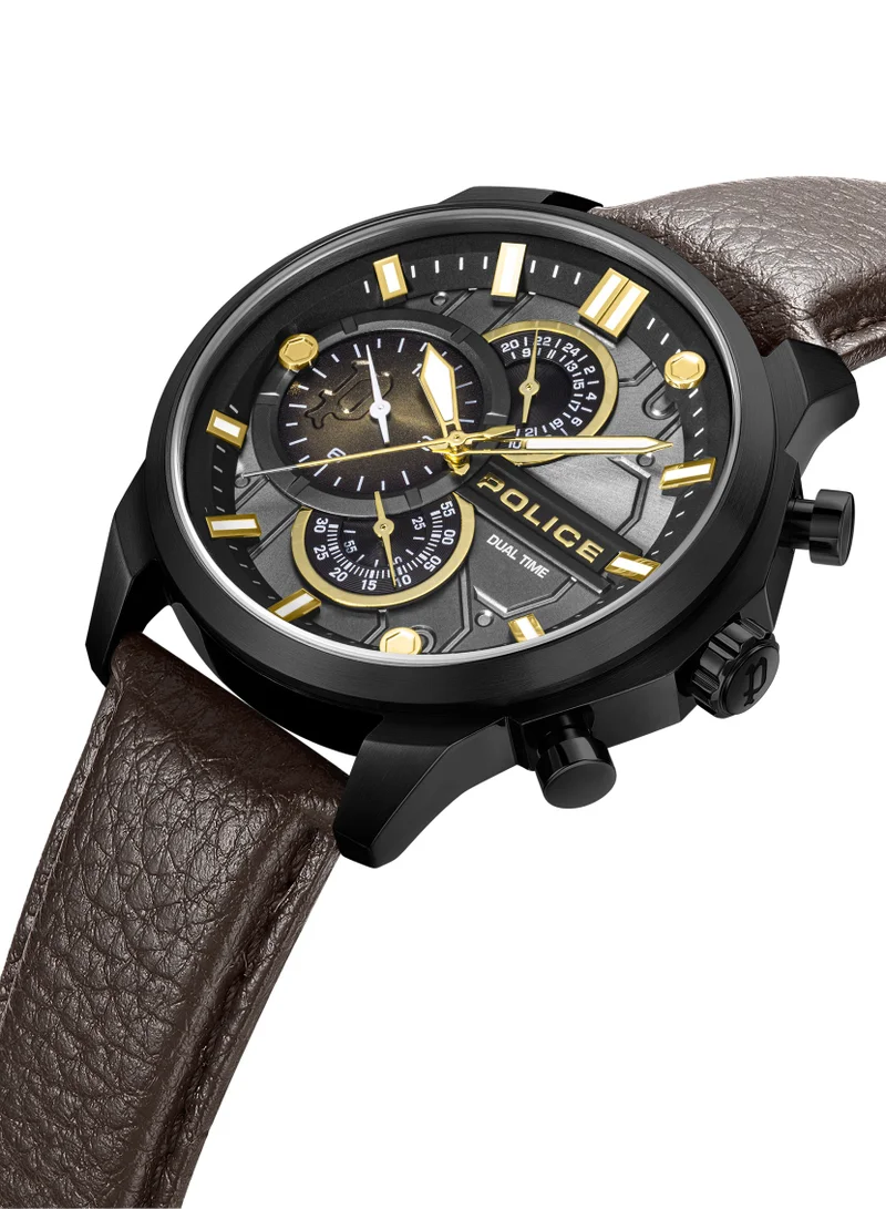 بوليس Reactor Cool Grey Dial Leather Strap Chronograph Watch for Men, 44mm