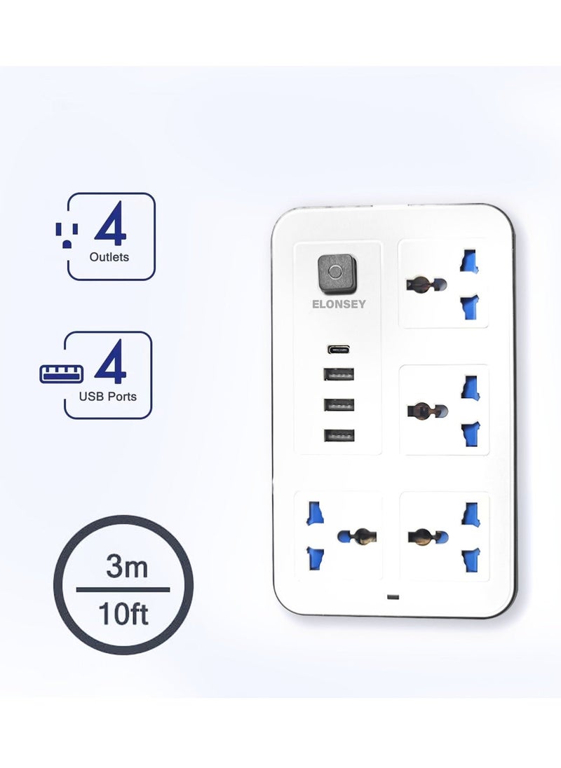 Universal Power Extension Cord with 4 Power Sockets and 3 USB Slots 4 Way Power Strip with USB C PD Charging Slots Extension Lead 3m - White - Image 2