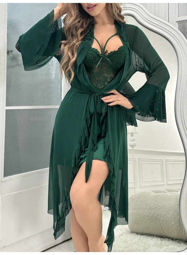 MHD Women's Luxury 2-Piece Lace & Sheer Robe Set - Elegant Camisole Nightgown with Sheer Lingerie Robe - Image 2