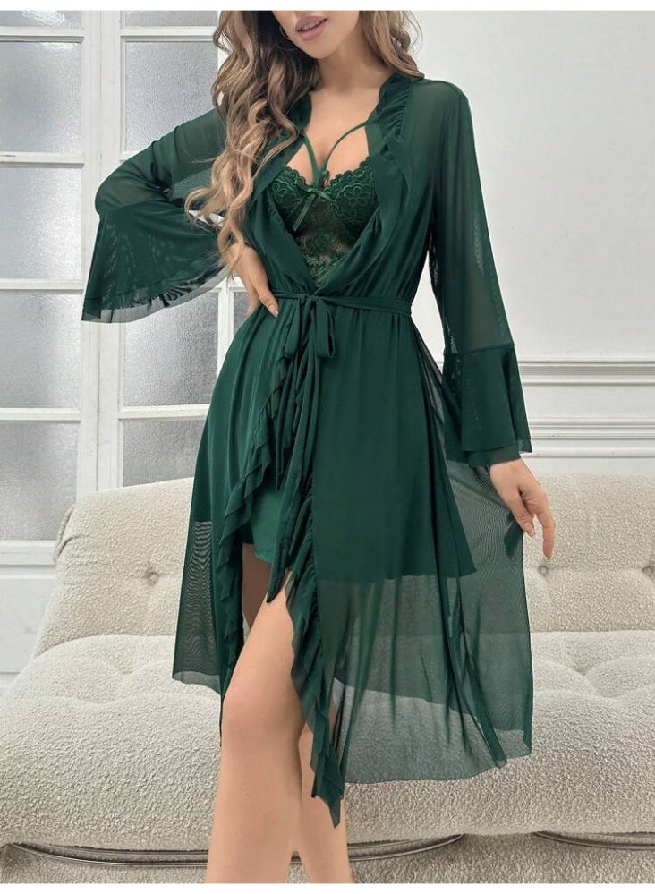 MHD Women's Luxury 2-Piece Lace & Sheer Robe Set - Elegant Camisole Nightgown with Sheer Lingerie Robe - Image 1