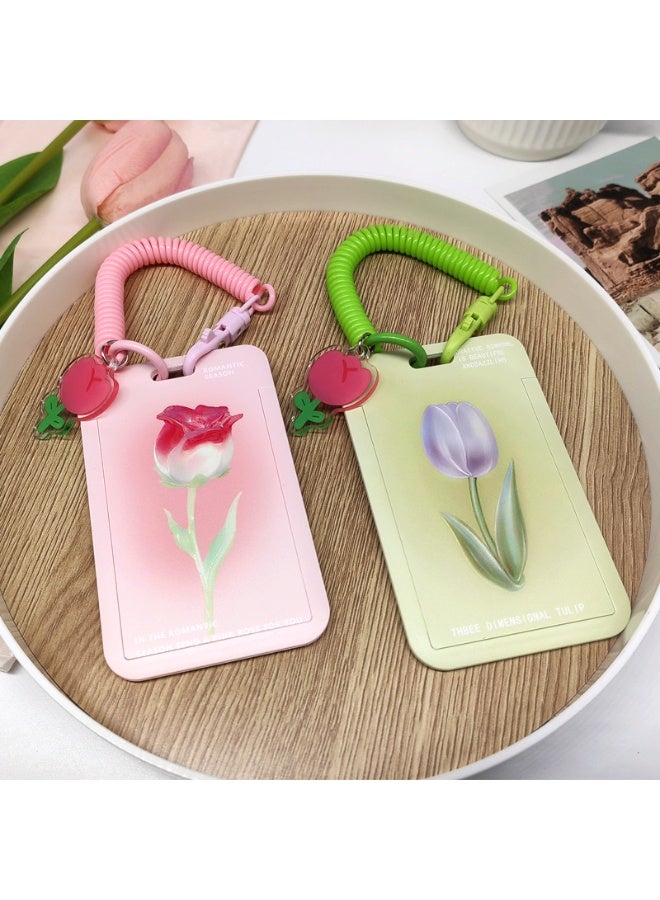 NIBEMINENT 1 - Piece Tulip Rose Kpop Photo Card Holder Pendant Key Chain ID Badge Holder ID Card Holder Photo Card Protector for School ID Office ID Access Card for Women Girls - Image 2