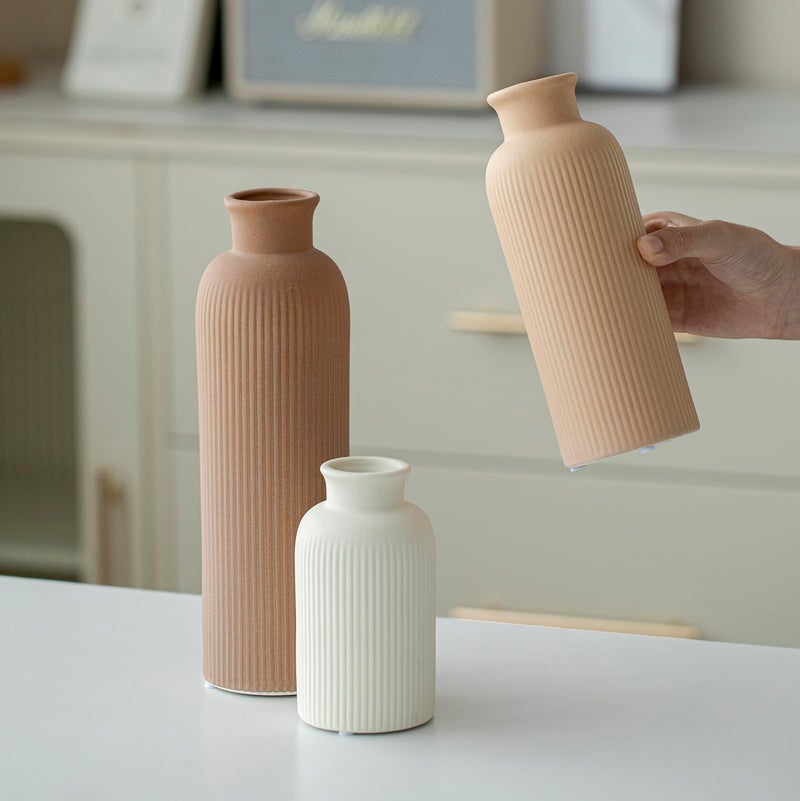 vaurcesa Modern Ceramic Vase Set, Earth Tone Natural Color Ribbed Matte Design, 3-Piece Decorative Vases for Home, Living Room, Office (Coffee Mix) - Image 2