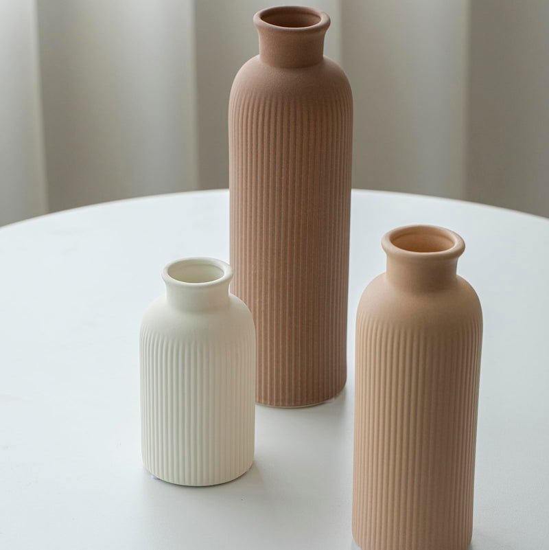 vaurcesa Modern Ceramic Vase Set, Earth Tone Natural Color Ribbed Matte Design, 3-Piece Decorative Vases for Home, Living Room, Office (Coffee Mix) - Image 4