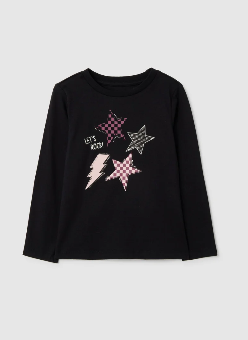 Ovs GIRL'S PURE BLACK COTTON REGULAR FIT T-SHIRT WITH STARS