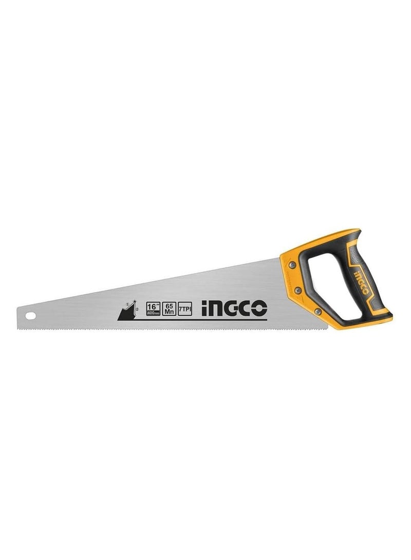 INGCO Hand Saw - 16"/400mm 7TPI Heat Treatment Teeth, Fast Cut, Long Life, Triple Teeth, 65Mn Material, Two Color Soft Handle, Precision Ground Teeth - Ideal for Woodworking and DIY HHAS38400 - Image 1