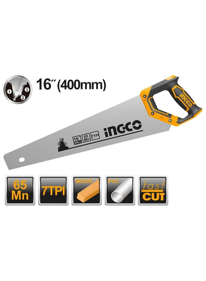 INGCO Hand Saw - 16"/400mm 7TPI Heat Treatment Teeth, Fast Cut, Long Life, Triple Teeth, 65Mn Material, Two Color Soft Handle, Precision Ground Teeth - Ideal for Woodworking and DIY HHAS38400 - Image 3
