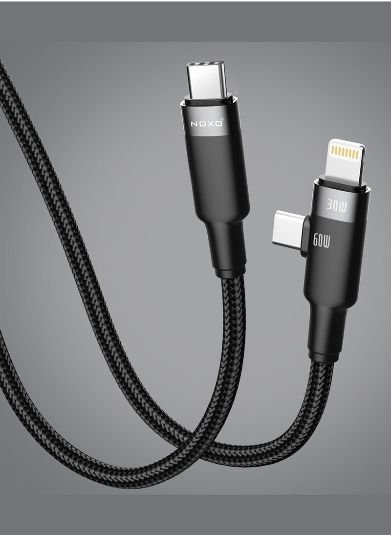 CN5 2-in-1 USB-C to USB-C + Lightning Charging Cable – 60W PD + 30W Fast Charging, Braided Nylon - Black