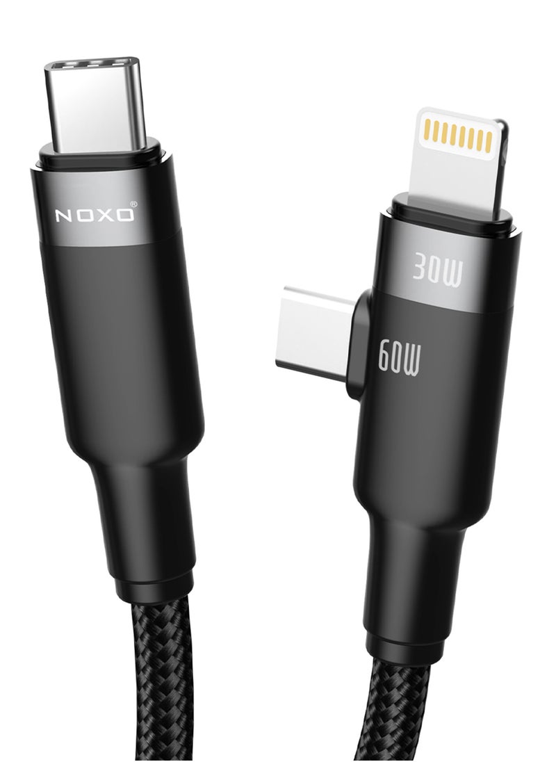 CN5 2-in-1 USB-C to USB-C + Lightning Charging Cable – 60W PD + 30W Fast Charging, Braided Nylon - Black