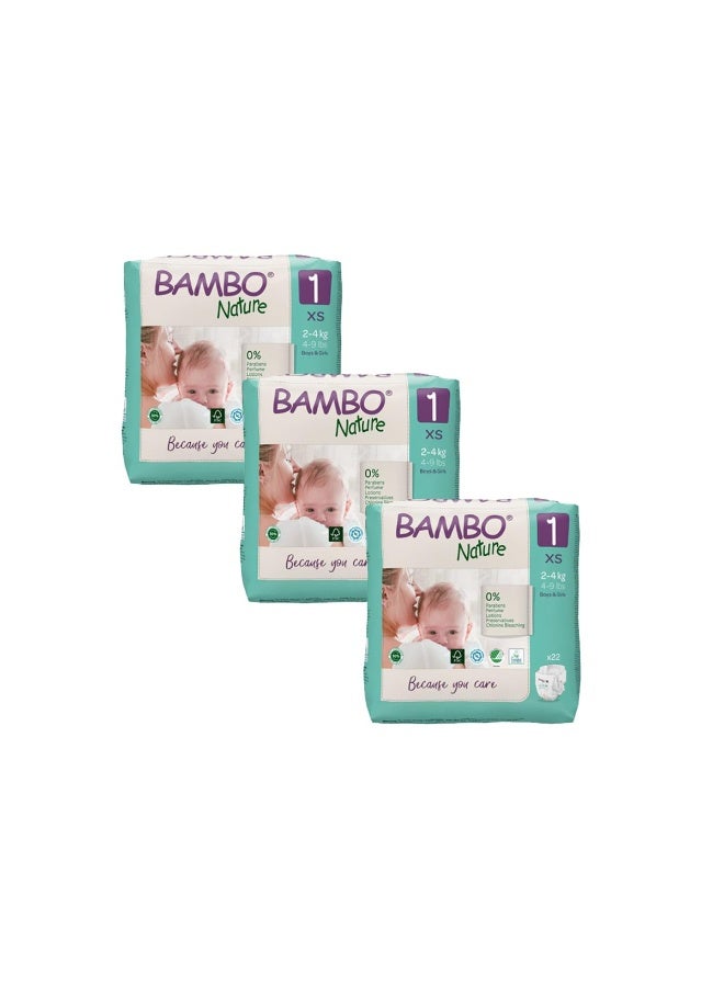 Bambo Nature Premium Baby Tape Diapers for New Born Baby XS Size (2-4 Kgs) - Super Absorbent, Breathable, Extra Soft, Dermatologically Tested, Hypoallergenic Nappies With A Wetness Indicator, 66 Count - Image 1