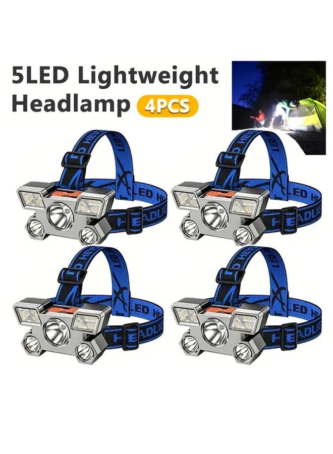 4 قطع من مصباح رأس LED خماسي الإضاءة قابل للشحن عبر USB للتخييم وصيد الأسماك والصيد وأعمال الإضاءة - Image 1