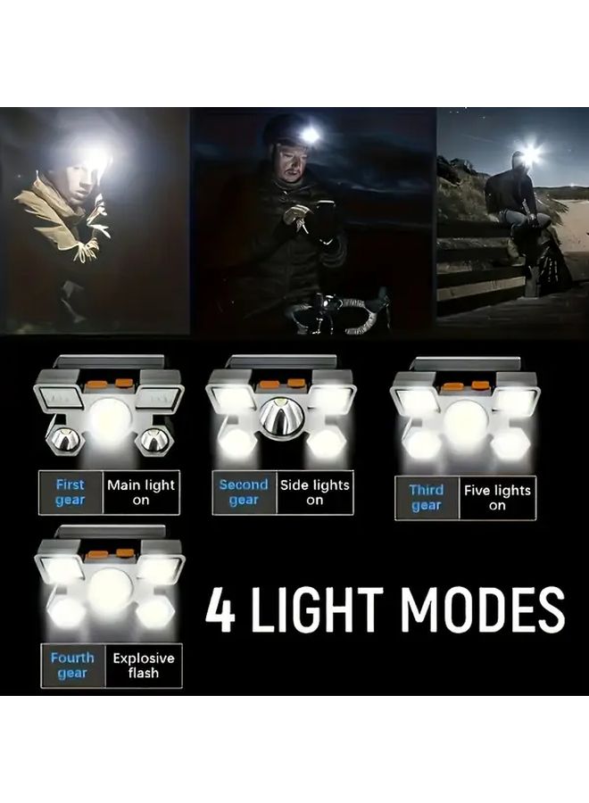 4 قطع من مصباح رأس LED خماسي الإضاءة قابل للشحن عبر USB للتخييم وصيد الأسماك والصيد وأعمال الإضاءة - Image 2