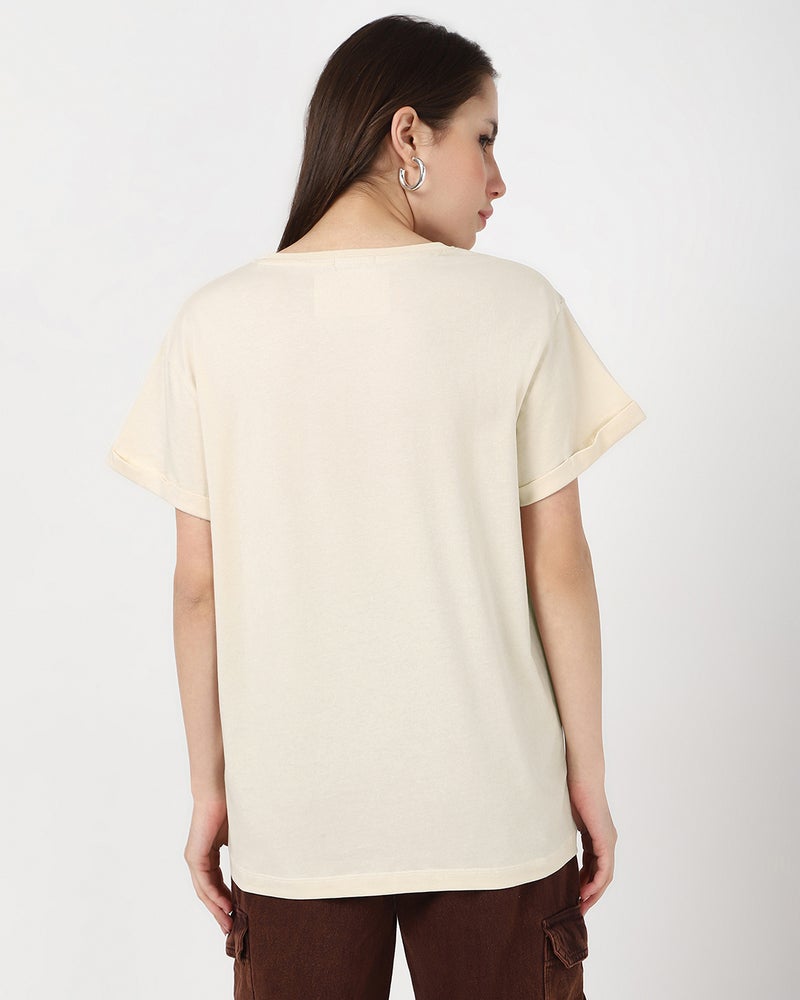 bewakoof Women's Beige More Spaghetti Graphic Printed Boyfriend T-shirt - Image 3