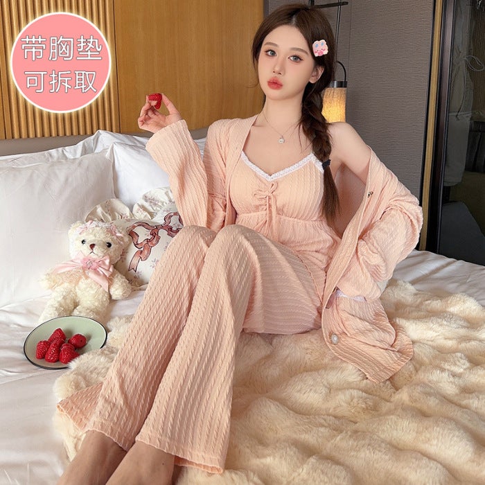 Long-Sleeved Trousers Sling With Chest Pad Three-Piece Set 6535 Cotton Plus Fertilizer Loose Outer Wear Home Clothes - Image 1