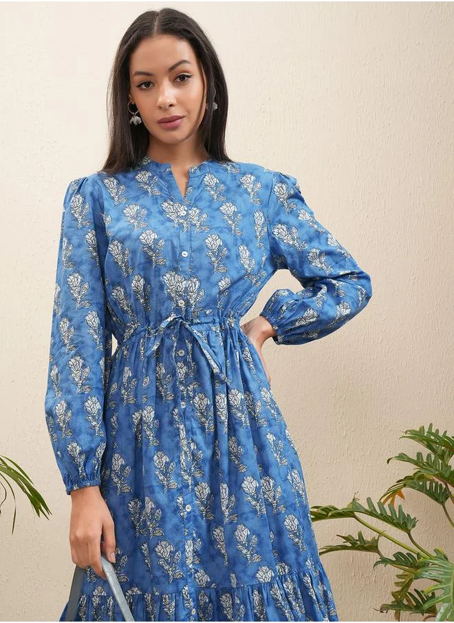 Vishudh Floral Print Bishop Sleeve Fit & Flare Midi Dress by Styli