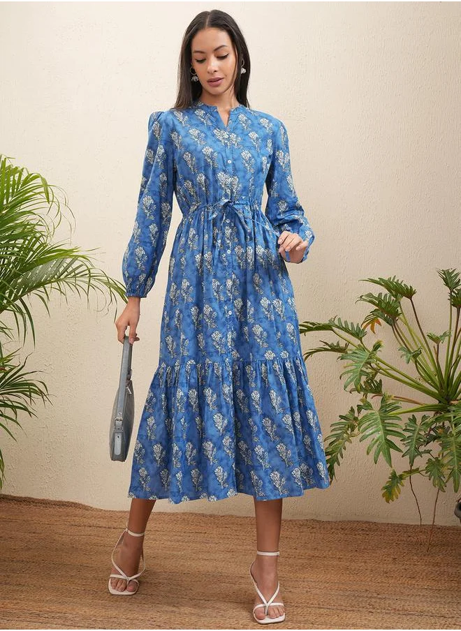 Vishudh Floral Print Bishop Sleeve Fit & Flare Midi Dress by Styli