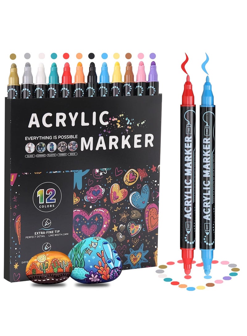 Excefore Acrylic Markers, 12 Colors Dual Tip Acrylic Paint Pens Markers, Premium Acrylic Markers, Paint Pens Paint Markers for Wood, Rock Painting, Glass, DIY Crafts, Canvas, Stone - Image 1