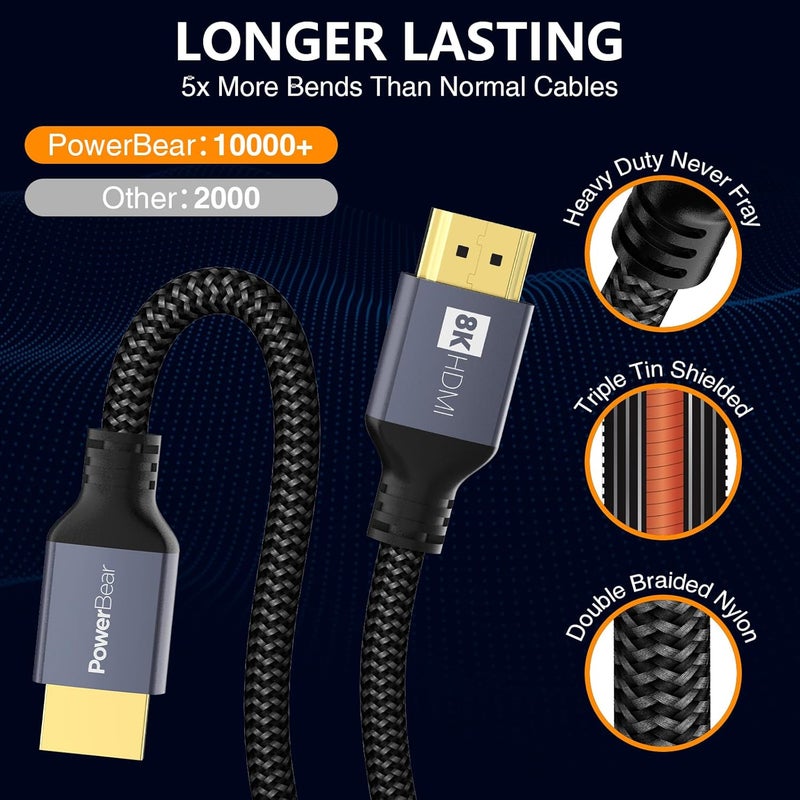 PowerBear 4K HDMI Cable 25 ft [2 Pack] High Speed, Braided Nylon & Gold Connectors, 4K @ 60Hz, Ultra HD, 2K, 1080P, ARC & CL3 Rated | for Laptop, Monitor, PS5, PS4, Xbox One, Fire TV, Apple TV & More - Image 5