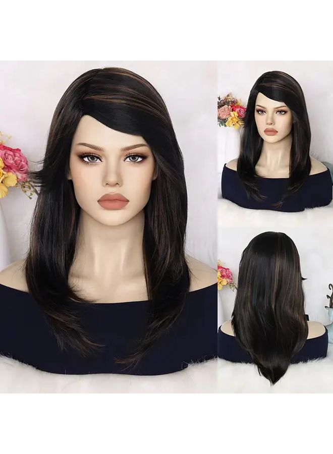 Warm Dark Brown 20 Inch Straight Synthetic Wig with Bangs for Women Medium Length High Temperature Fiber Daily And Party Wear - Image 1