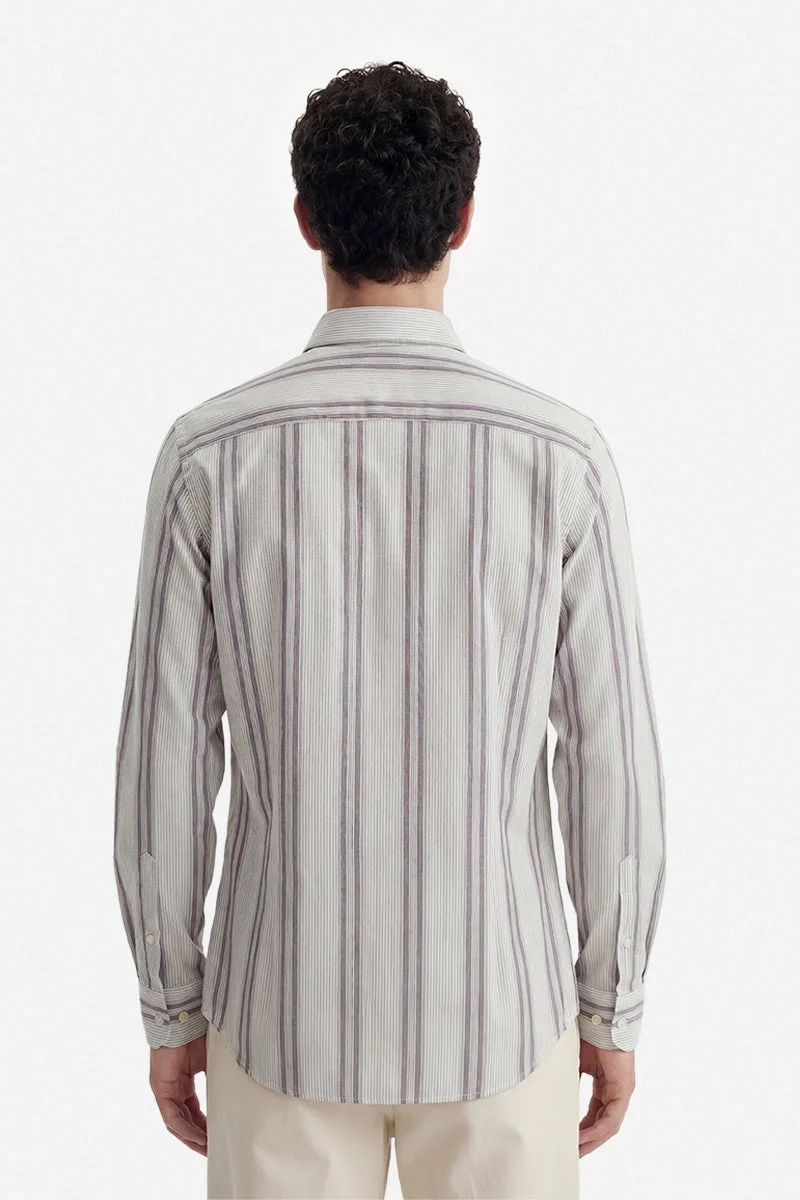 SNITCH Off-White Striped Long Sleeve Slim Fit Formal Shirt