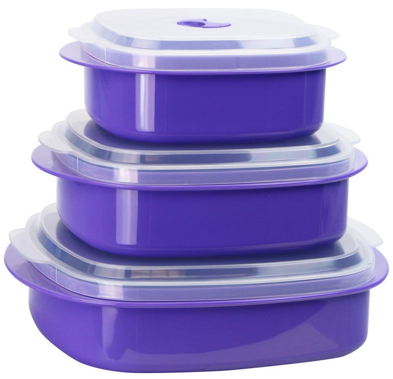 Reston Lloyd Nesting Microwave Containers Set of 3 Adjustable Steam Vents Airtight Meal Prep Durable BPAFree Plastic Freezer  Dishwasher Safe Cookware  Food Storage Anyday Cookware Purple
